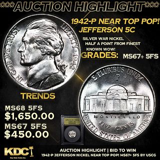 ***Auction Highlight*** 1942-p Jefferson Nickel Near Top Pop! 5c Graded GEM++ 5fs BY USCG (fc)