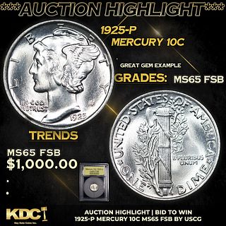 ***Auction Highlight*** 1925-p Mercury Dime 10c Graded GEM FSB By USCG (fc)