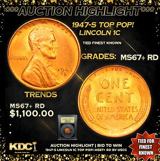 ***Auction Highlight*** 1947-s Lincoln Cent TOP POP! 1c Graded GEM++ RD BY USCG (fc)