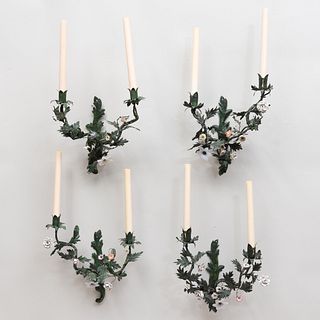 Set of Four Painted Tôle, Porcelain and Glass Wall Lights 