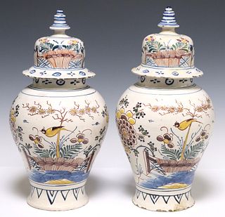 (2) DELFT POLYCHROME CHINOISERIE BALUSTER VASES & COVERS