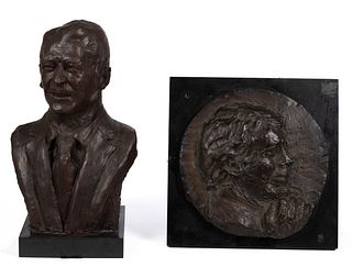 AGNES YARNALL (AMERICAN, 1904-1989) BUST OF RONALD REAGAN AND BRONZE PLAQUE, LOT OF TWO