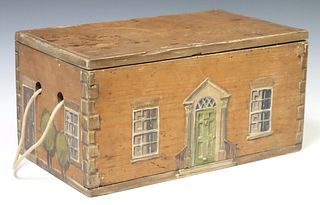 ENGLISH PAINT-DECORATED HOUSE FACADE PINE TABLE BOX
