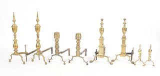 Four Pairs of Brass and Wrought Iron Andirons
