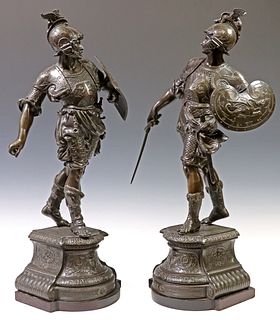 (2) PATINATED SPELTER FIGURAL SCULPTURES, ROMAN SOLDIERS