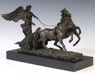 AFTER ADRIAN JONES (D.1938) PATINATED BRONZE FIGURE, WINGED GODDESS IN CHARIOT