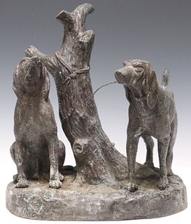 PATINATED BRONZE FIGURAL SCULPTURE, PAIR OF HOUNDS