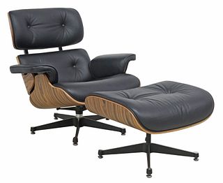 (2) EAMES STYLE LEATHER LOUNGE CHAIR & OTTOMAN