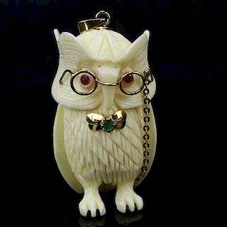 Vintage 14 Karat Yellow Gold Mounted Wise Owl Pendant with Ruby and Emerald Accents