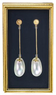 MOTHER OF PEARL CAVIAR GOLD GILT SERVING SPOONS MOUNTED IN A GOLD SHADOWBOX