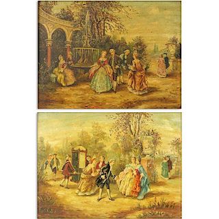 Pair of After: Antoinette Haudebourt-Lescot, French (1784-1845) 18th Century Style Oil on Panels Signed Lower Left