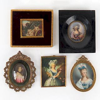Grouping of Five (5) Antique or Vintage Italian Victorian Miniature Paintings on Celluloid
