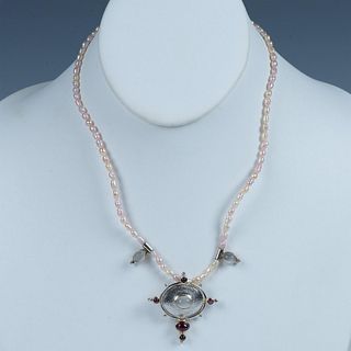 Fabulous Sterling Silver Baroque Pink Pearl, Garnet and Moonstone Necklace