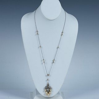 Long Silver Metal and Faux Pearl Leaf Necklace