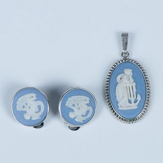 2pc Wedgwood Sterling Silver Clip-On Earrings and Pendant Set