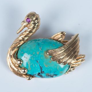 Cute Vintage 14K Gold, Turquoise and Ruby Bird Pin