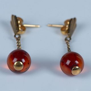 Cute Gold Tone Red Bead Drop Earrings