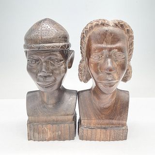 Pair of Vintage Wooden Carved Tribal Figural Busts