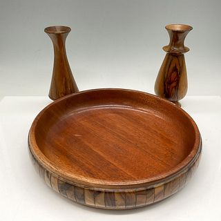 3pc Carved Wooden Tray with Vases
