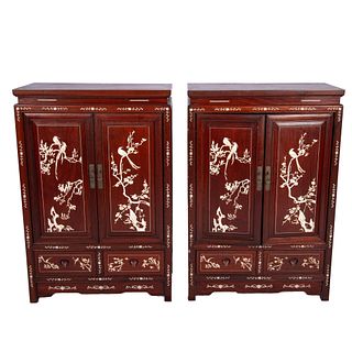 Pair of Chinese Bone Inlay Wood Cabinets, Birds and Flora