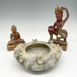 3pc Indonesian Carved Soapstone Ashtray + Figurines