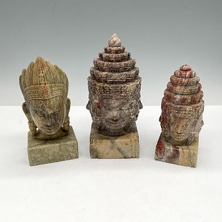 3pc Soapstone Sculpture Bust, Four Faces of Buddha + Brahma