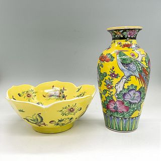 2pc Japanese Bowl and Vase, Butterflies and Flowers