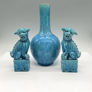 3pc Asian Blue Glazed Foo Dogs + Vase