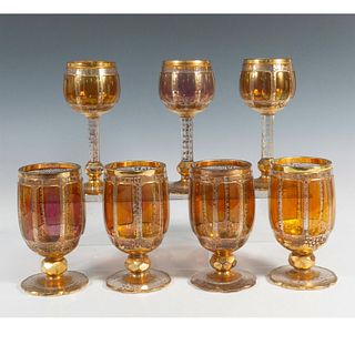 7pc Bohemian 19th Century Moser Gilt Cranberry Glass Cups