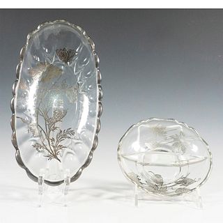 2pc Vintage Glass Silver Floral Dish and Tray