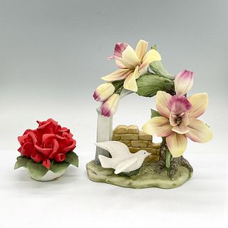 2pc Capodimonte Porcelain Figures, Roses + Dove w Orchids