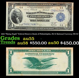 1918 "Flying Eagle" Federal Reserve Bank of Philadelphia, PA $1 National Currency Grades Choice AU FR-717