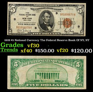 1929 $5 National Currency The Federal Reserve Bank Of NY, NY Grades vf++