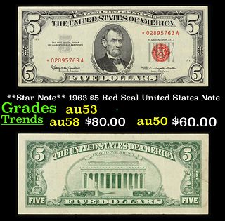 **Star Note** 1963 $5 Red Seal United States Note Grades Select AU