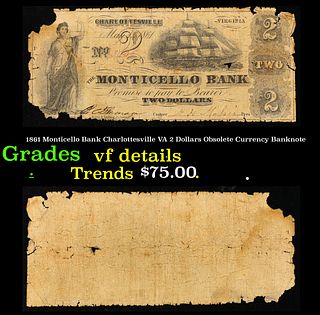 1861 Monticello Bank Charlottesville VA 2 Dollars Obsolete Currency Banknote Grades vf details