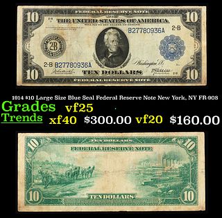 1914 $10 Large Size Blue Seal Federal Reserve Note New York, NY Grades vf+ FR-908