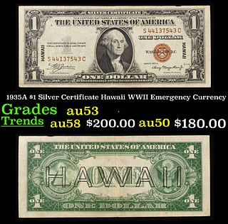 1935A $1 Silver Certificate Hawaii WWII Emergency Currency Grades Select AU