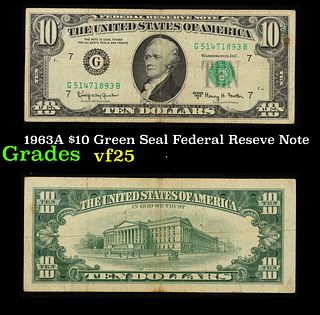 1963A $10 Green Seal Federal Reseve Note Grades vf+