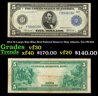 1914 $5 Large Size Blue Seal Federal Reserve Note Atlanta, GA Grades vf++ FR-864
