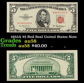 1953A $5 Red Seal United States Note Grades Choice AU/BU Slider