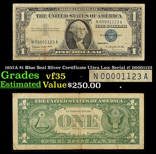 1957A $1 Blue Seal Silver Certificate Ultra Low Serial #! 00001123 Grades vf++