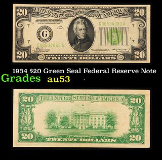 1934 $20 Green Seal Federal Reserve Note Grades Select AU