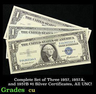 Complete Set of Three 1957, 1957A, and 1957B $1 Silver Certificates, All UNC!