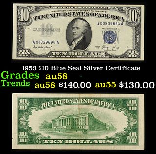 1953 $10 Blue Seal Silver Certificate Grades Choice AU/BU Slider