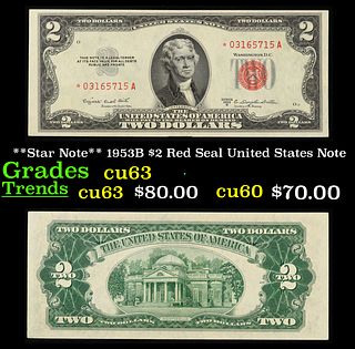 **Star Note** 1953B $2 Red Seal United States Note Grades Select CU