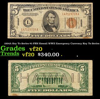 1934A Key To Series $5 FRN Hawaii WWII Emergency Currency Key To Series Grades vf, very fine