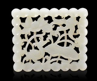 Chinese White Jade Carved Plaque w/ Duck, 19th C.