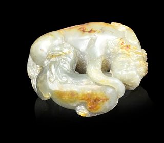 Chinese Celadon Jade Carved Twin Beast