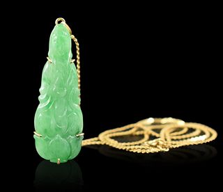 Chinese Jadeite Guanyin Necklace w/ 14k Gold Chain