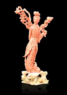 Large Chinese Coral Carved Guanyin Figure, Qing D.